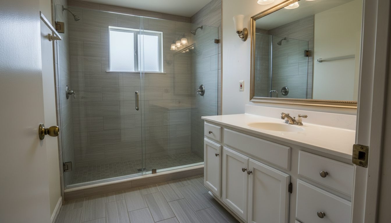 The same bathroom after a remodel, with a walk-in shower and new tile
