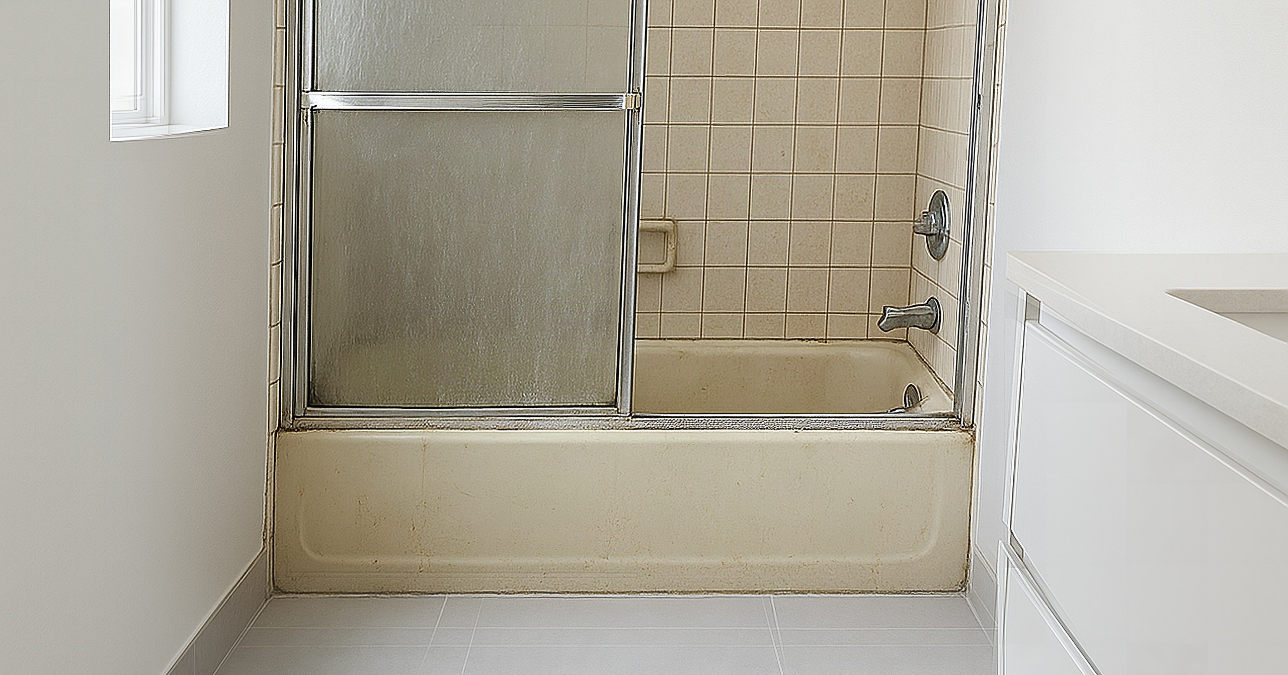 Illustrative example: a dated Knoxville bathroom before remodeling, with a stained almond tub, mildewed beige wall tile and a scratched sliding tub door